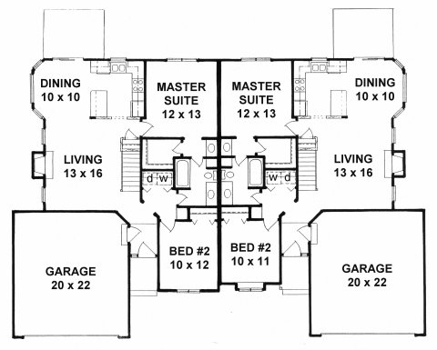 Plan # 1967 - Duplex Ranch House Plan | First floor plan